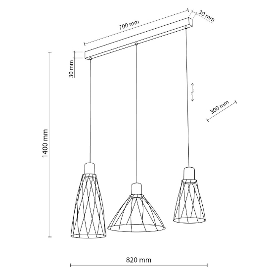 Lampadario per cucina lineare nero tre elementi diffusori a gabbia